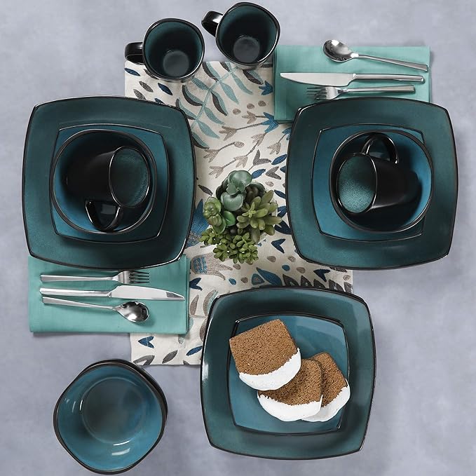 Gibson Elite Soho Lounge 16-Piece Reactive Glaze Dinnerware Set, Teal/Black Two-Tone