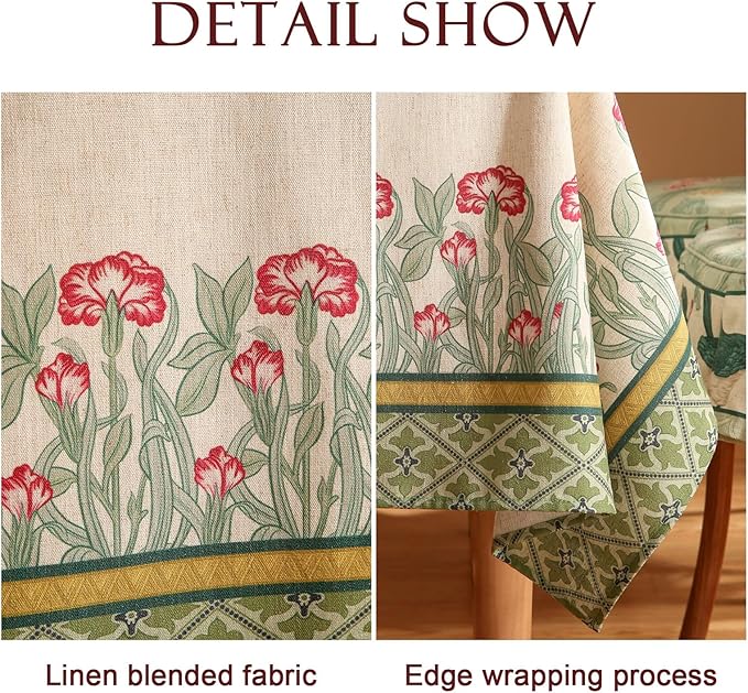 patdrea Designer Green Long Tablecloth for Rectangle Table,Vintage Linen Floral Leaves Pattern Table Cloth,Cover Decor for Kitchen Dining Christmas,Tea Party,Thanksgiving,63"x94"-Cecilia D