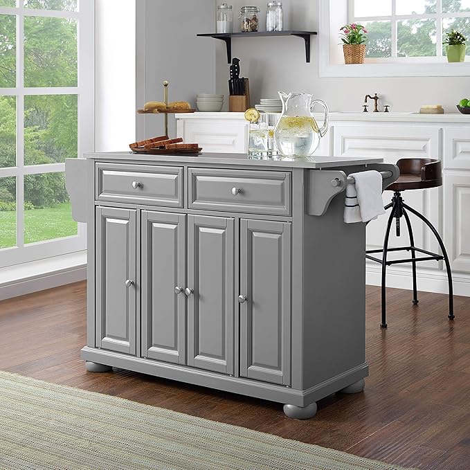 Crosley Furniture Alexandria Stainless Steel Top Rolling Kitchen Island Storage Cart, Microwave Stand, Gray