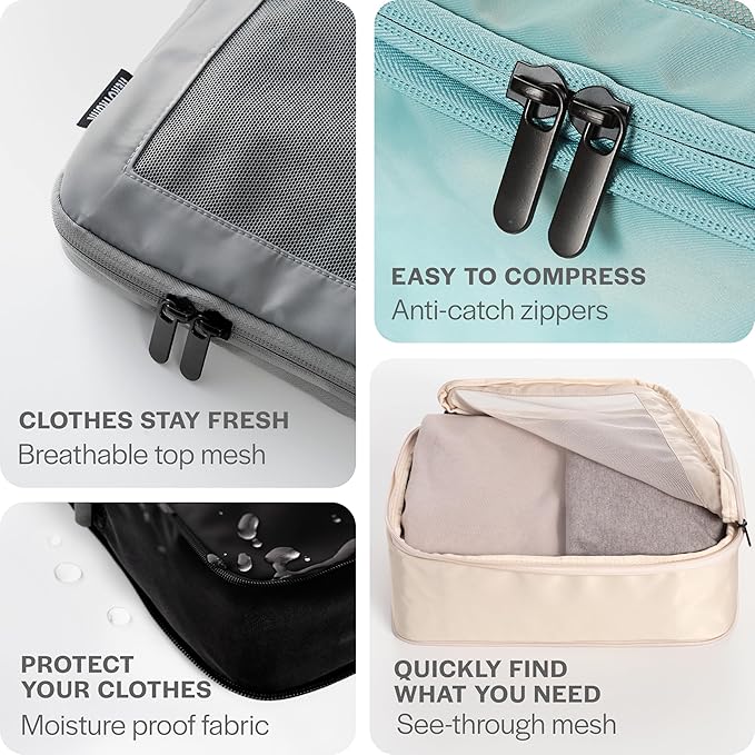 Aerotrunk Compression Packing Cubes for Travel - Luggage Organizer Bags - Double Zipper Packing Cubes for Suitcases (6-Pack, Light Grey)