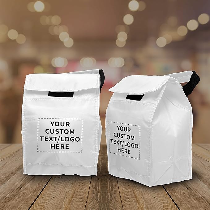 DISCOUNT PROMOS 10 Hook and Loop Insulated Lunch Bags Set - Customizable Text, Logo - Polyester, Durable, Vibrant, Reusable - White