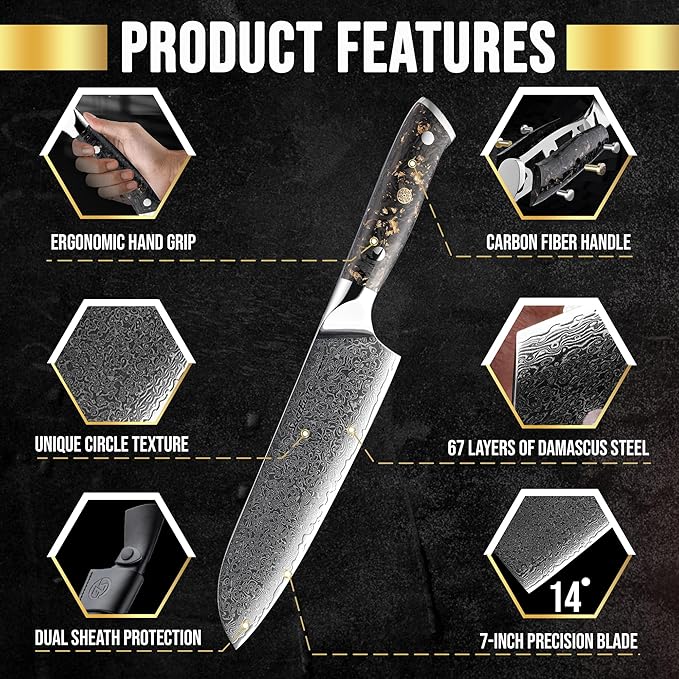 SliceElite Elite Series 7 Inch Santoku Knife VG10 Damascus Steel Forged Carbon Fiber Handle Dual Protection Cutting Kitchen Tool Sharp Vegetable Meat Chopping BBQ Chef Slicing Cleaver Camping Butcher