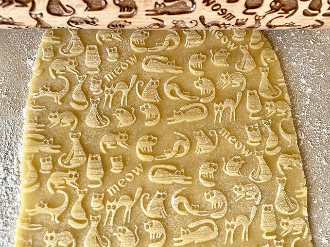 Embossing rolling pin Meow CATS. Wooden embossing rolling pin with cats. Wooden rolling pin for embossed cookies. Kitty