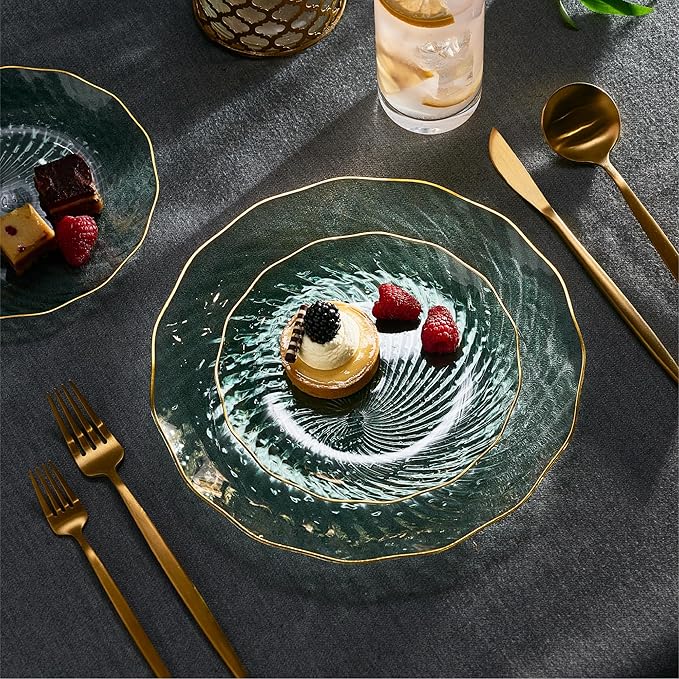 PLASTICPRO 60 Pack Plastic Plates Set of 30-10 inch Plates and 30-7 inch Plate, Elegant Clear Green Spiral and Gold Rim Disposable Fancy Plate Premium Heavyweight
