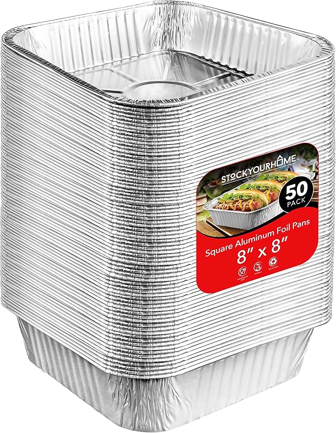 8x8 Foil Pans (50 Pack) 8 Inch Square Aluminum Pans - Foil Pans - Disposable Food Containers Great for Baking Cake, Cooking, Heating, Storing, Prepping Food