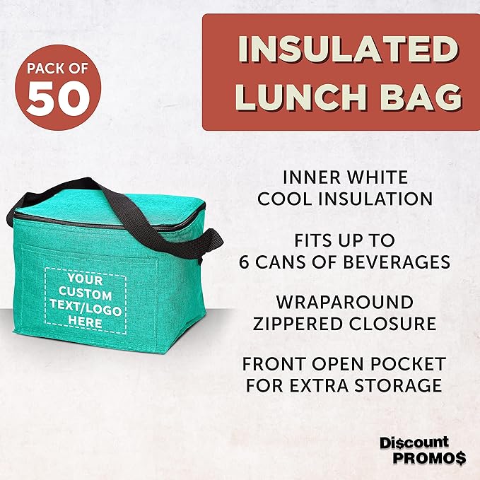 DISCOUNT PROMOS Custom Insulated Cooler Lunch Bag Set of 50, Personalized Bulk Pack - Perfect for Work, Travel, Outdoor Events - Mint