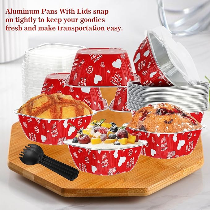 30PCS 7.8OZ Foil Baking Cups with Lids - Mini Cake Tins & Pans for Holiday Gifts, Happy Hour