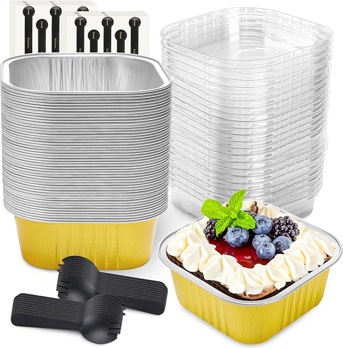 50 Pack Mini Cake Pans with Lids and Spoons Aluminum Foil Pans Square Cake Tins for Bakery Party Wedding (Gold,10 oz)