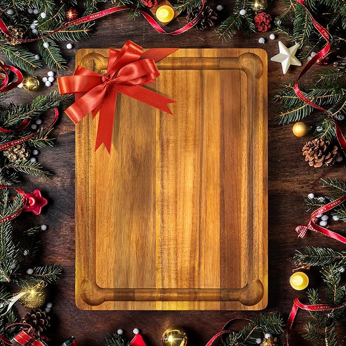 Yes4All Durable Acacia Cutting Boards for Kitchen, [17''Lx13''Wx1.5” Thick] Medium Edge Grain Cutting Board, Pre Oiled Wood Cutting Boards, Thick Chopping Board w/Juice Grooves and Easy Grip Handle
