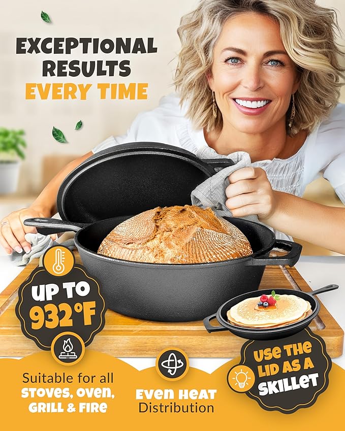 Cast Iron Dutch Oven for Bread Baking - incl. Sourdough Bread Baking Supplies like Banneton Bread-Proofing Basket - 3.2QT Bread-Oven with Lid and handles -Bread pan, Bread-Banking Pan