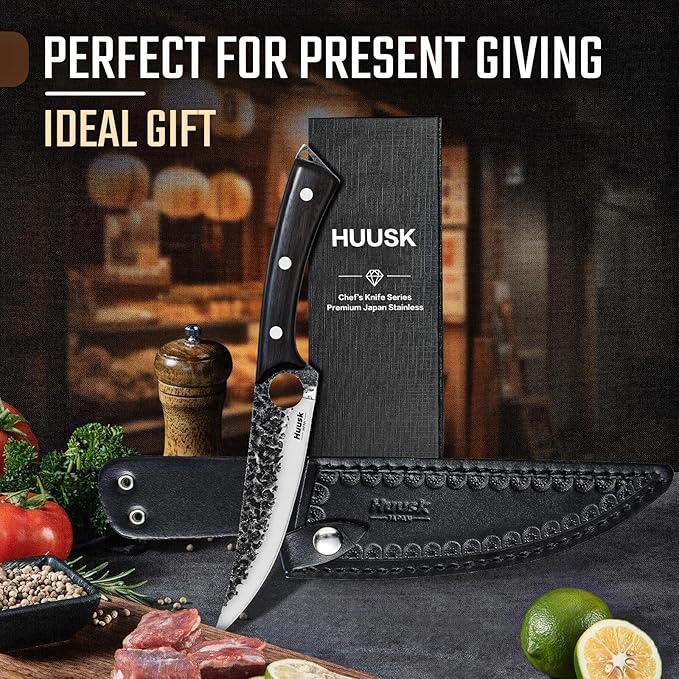 Huusk Viking Boning Knife 6 inch, Japanese Boning Knives for Meat Cutting, Full Tang Fillet Knives with Sheath, Brisket Trimming Knives for BBQ, Camping, Ideal Gift