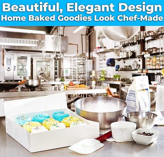 Gourmet 10in White Bakery Boxes 25 Pk. Cute Window Displays for Pies, Cakes, Cupcakes, Pastries. Transport Baked Goods w/Sturdy, Easy-to Use Carriers. Give Sweet Holiday Gifts at Work, School