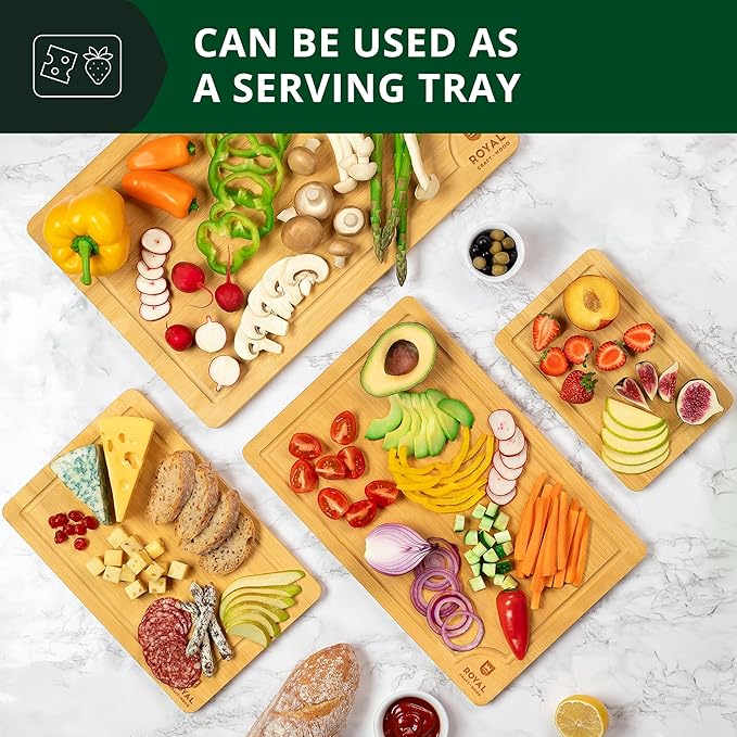 ROYAL CRAFT WOOD Wooden Cutting Boards for Kitchen Meal Prep & Serving - Bamboo Wood Serving Board Set with Deep Juice Groove Side Handles - Charcuterie & Chopping Butcher Block for Meat