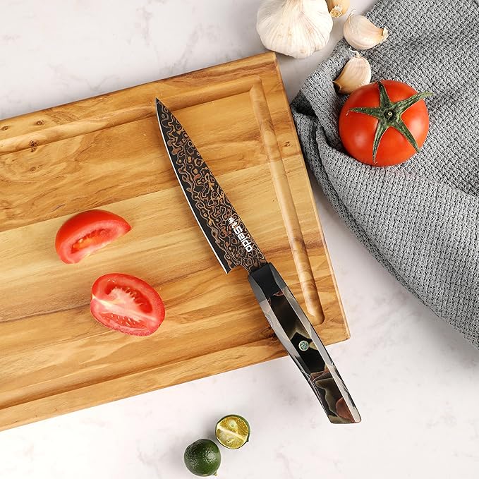 Seido Knives Kurogane 5" Petty Knife – Hand-Forged Japanese Utility Knife with VG-10 Core & 37-Layer Damascus Steel, G10 Copper Handle
