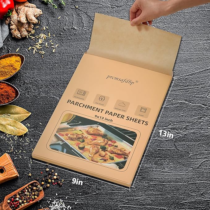 9x13 In Non-Stick Precut Baking Parchment Paper Sheets for Baking Enthusiasts - Withstands Temperatures up to 450°F - 100% Natural Wood Pulp (200PCS)