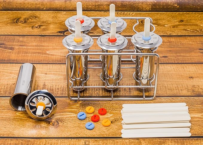 Ecozoi Stainless Steel Popsicle Molds, 6 Metal Ice Popsicle Makers, 30 Reusable Bamboo Sticks, 12 Silicone Seals and 1 Rack, Eco Popsicle Molds for Kids and Adults, 3 oz Per Mold (Round)