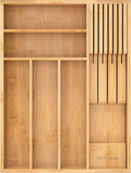 Small-Bamboo-Silverware-Drawer-Organizer, Expandable Utensil Kitchen Cutlery Tray Flatware Organization Adjustable Wood Tableware Dividers Storage (with Removable Knife Block)(Natural)