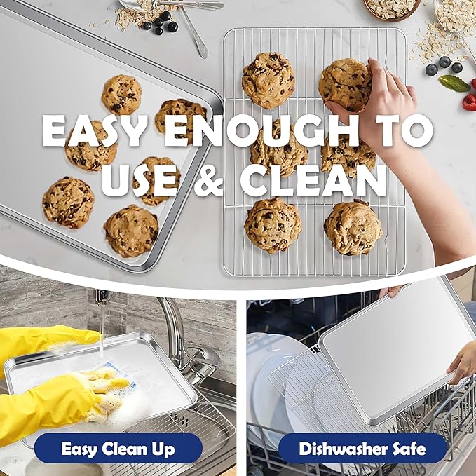 16 Inch Baking Sheet Pan with Rack Set, Joyfair Stainless Steel Toaster Oven Pans Tray & Cooling Racks for Cookie/Jelly Roll/Bacon/Meat, Commercial Metal & Rust-free, Dishwasher Safe