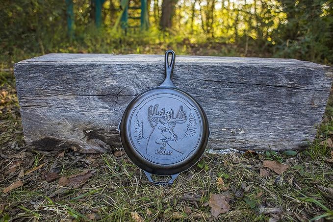 Lodge 8 Inch Pre-Seasoned Cast Iron Stamped Skillet - Signature Teardrop Handle - Use in the Oven, on the Stove, on the Grill, or Over a Campfire - Deer