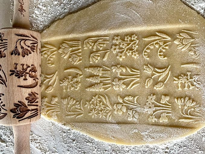 SEASONS 3 Mini Embossed Rolling Pin Set. Wooden Laser Cut Mini Rolling Pins for cookies or clay with spring flowers, tulips, daffodils, strawberries, raspberries, birch, trees by Algis Crafts