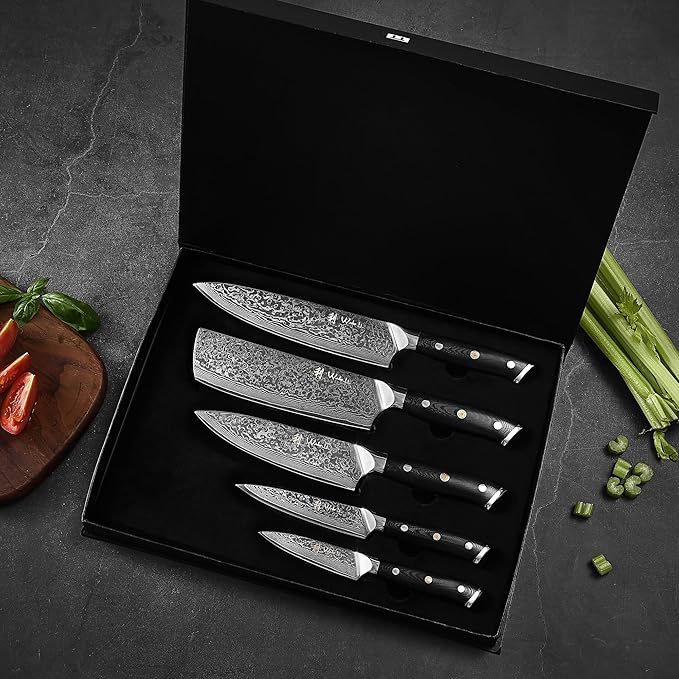 Wakoli Knife Block Sets – 5-Piece Professional Damascus Kitchen Knife Set with Magnetic Block | G10 Handles & VG10 Core | Gift Box (Elite Cuisine)