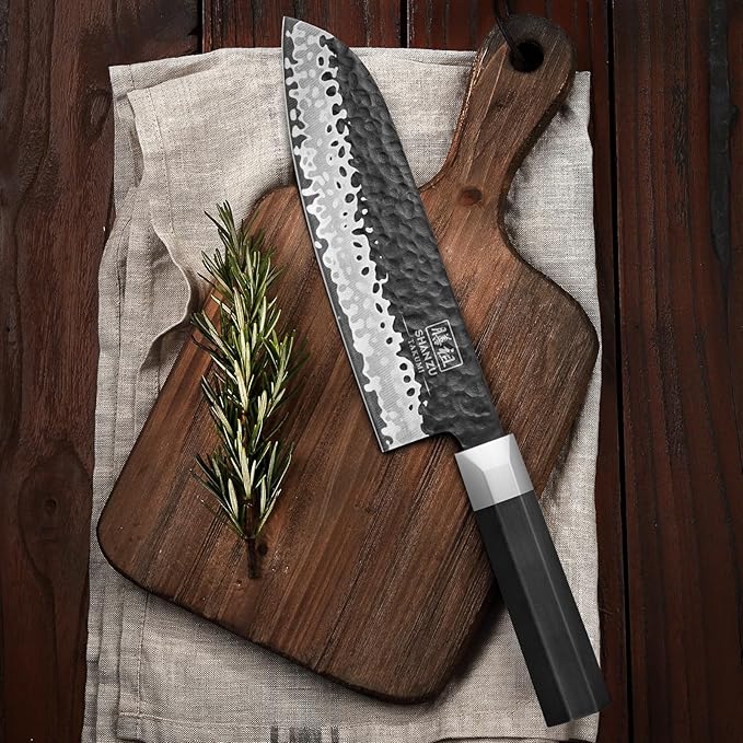 SHAN ZU Japanese Chef Knife 7 Inch, High Carbon Steel 10Cr15Mov Professional Kitchen Knife, Meat Cutting Santoku Knife, Sharp Cooking Knife with G10 Handle Dishwasher Safe, Gifts for Women & Men