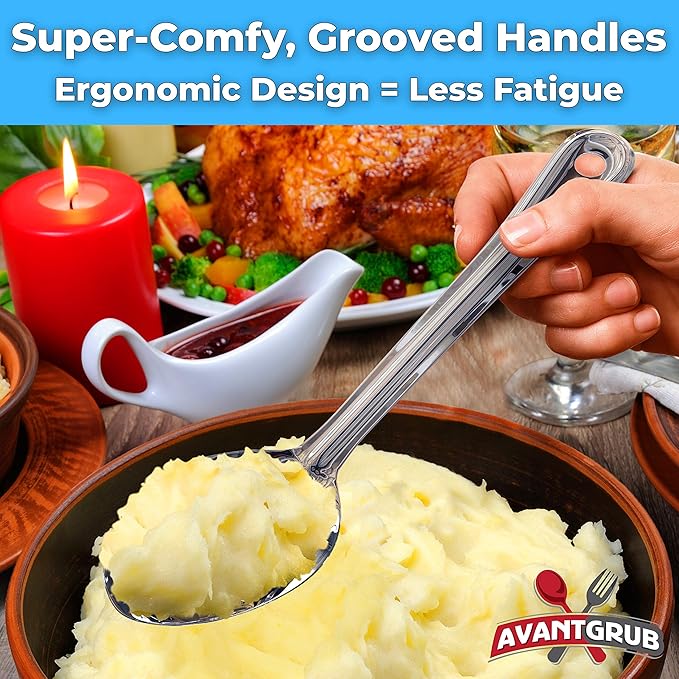 Super Strong, Ergonomic 11 in Serving Spoon 6 Pk (2 of Each Style). Big, Stainless Steel Spoons for Cooking, Baking, Stirring and Basting. Best Kitchen Flatware for Buffet and Banquet Food Service