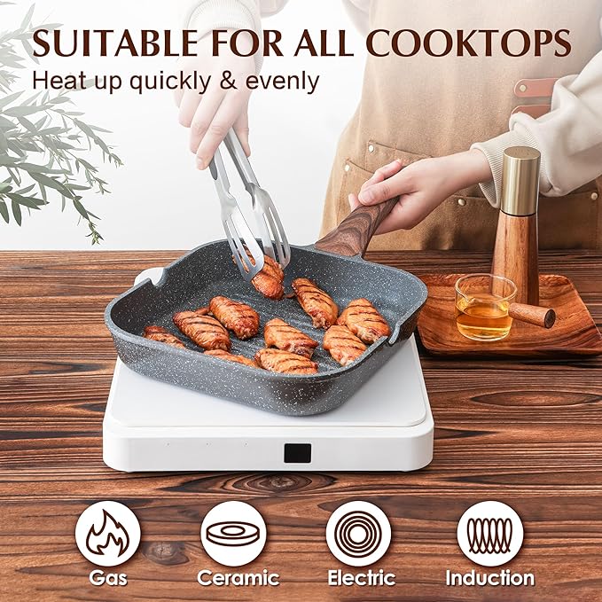SENSARTE Nonstick Grill Pan for Stove Tops, Versatile Griddle with Pour Spouts, Square Big Cooking Surface, Durable Skillet Indoor & Outdoor Grilling. PFOA Free, 9.5 Inch